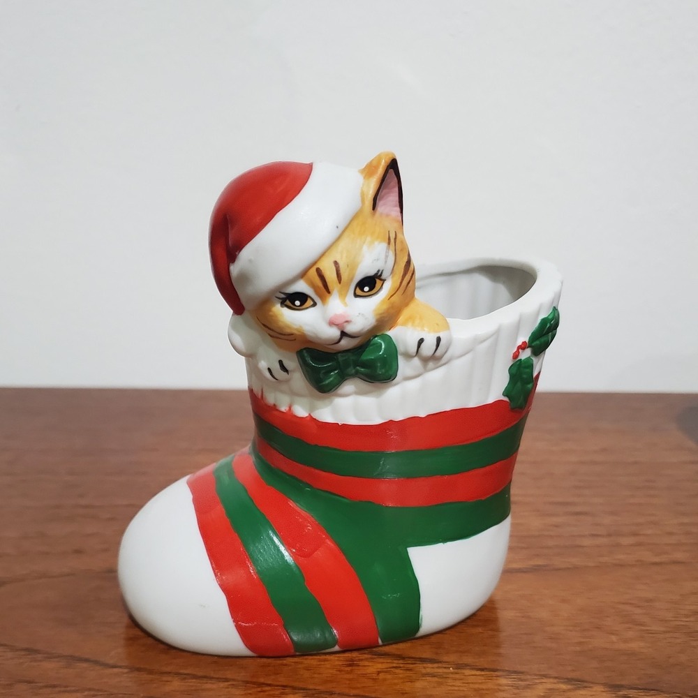 Vintage JSNY Christmas Orange Tabby Cat Santa Boot Porcelain Planter‎ 4.5" tall